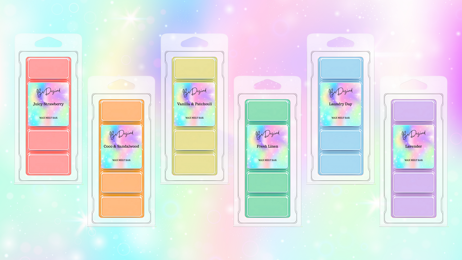 Close-up of six long-lasting, highly scented wax melt snap bars by BedeZired, showcased on a bright rainbow background, ready to fill your home with fragrance.