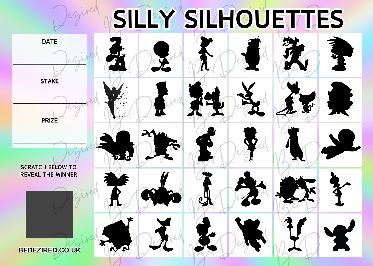 1-30 Silly Cartoon Silhouettes Scratch Card