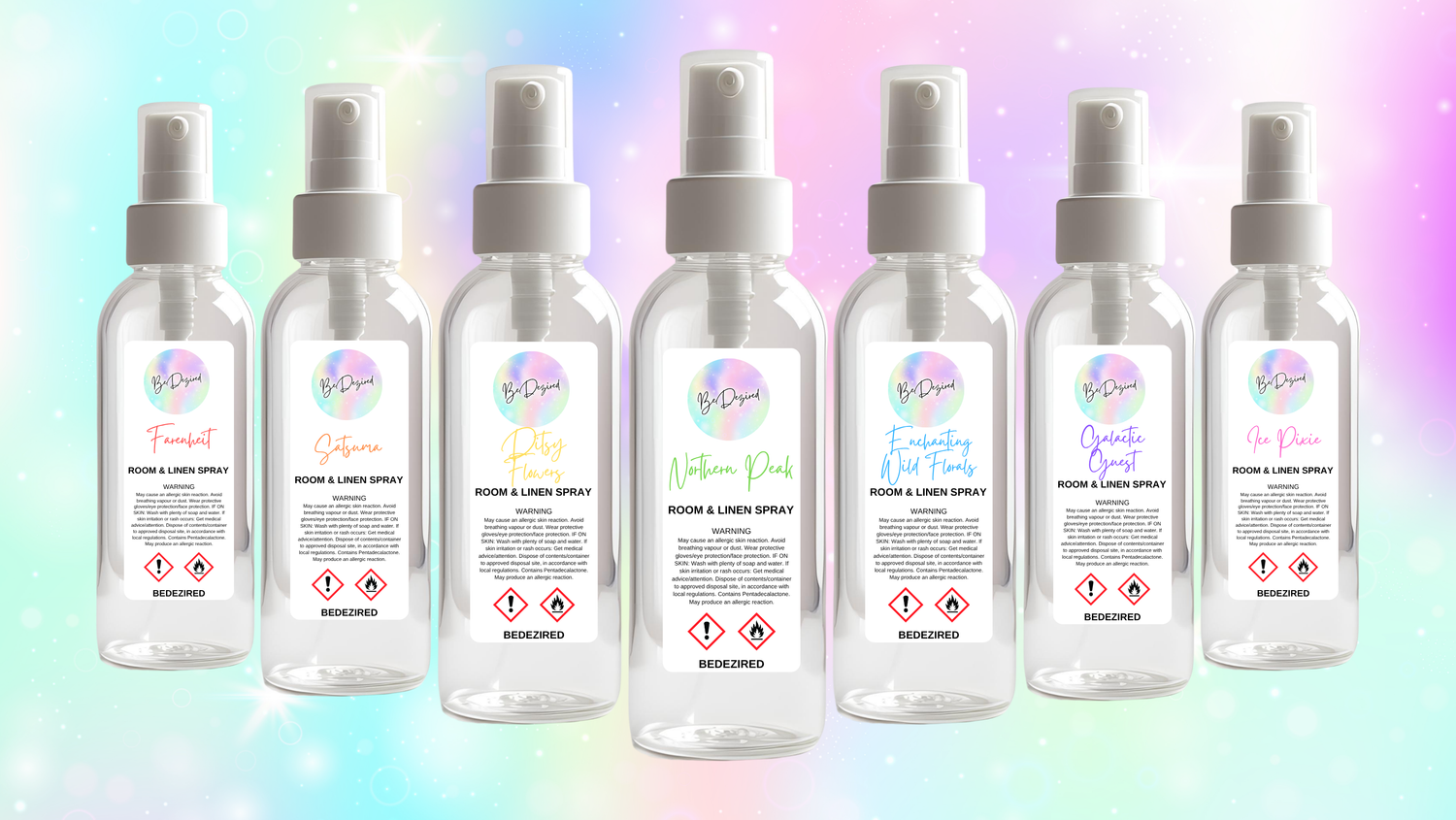three white spray bottles for room spray with perfume or aftershave fragrances..