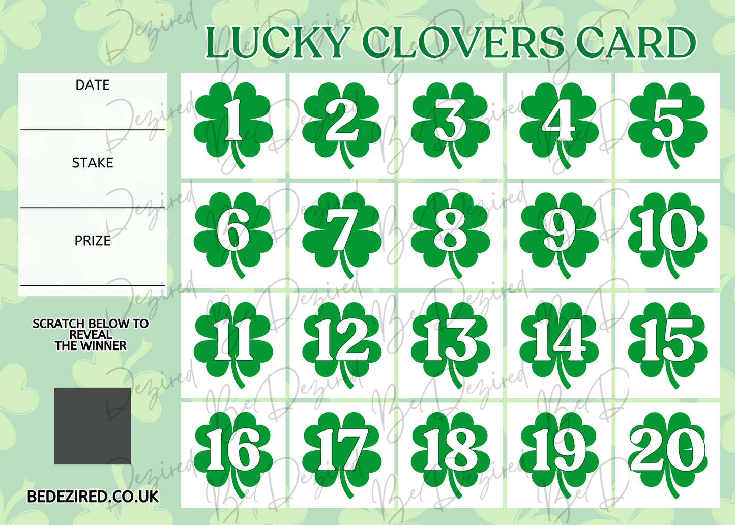 1-20 St Patrick's Day | Irish Themed | Lucky Clover Scratch Card