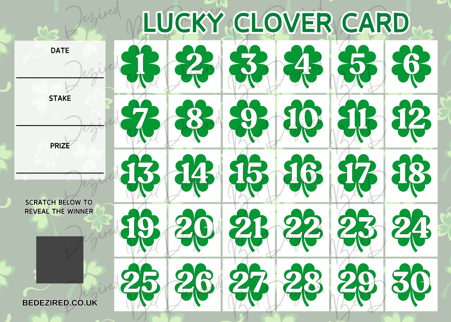 1-30 St Patrick's Day | Irish Themed | Lucky Clover Scratch Card