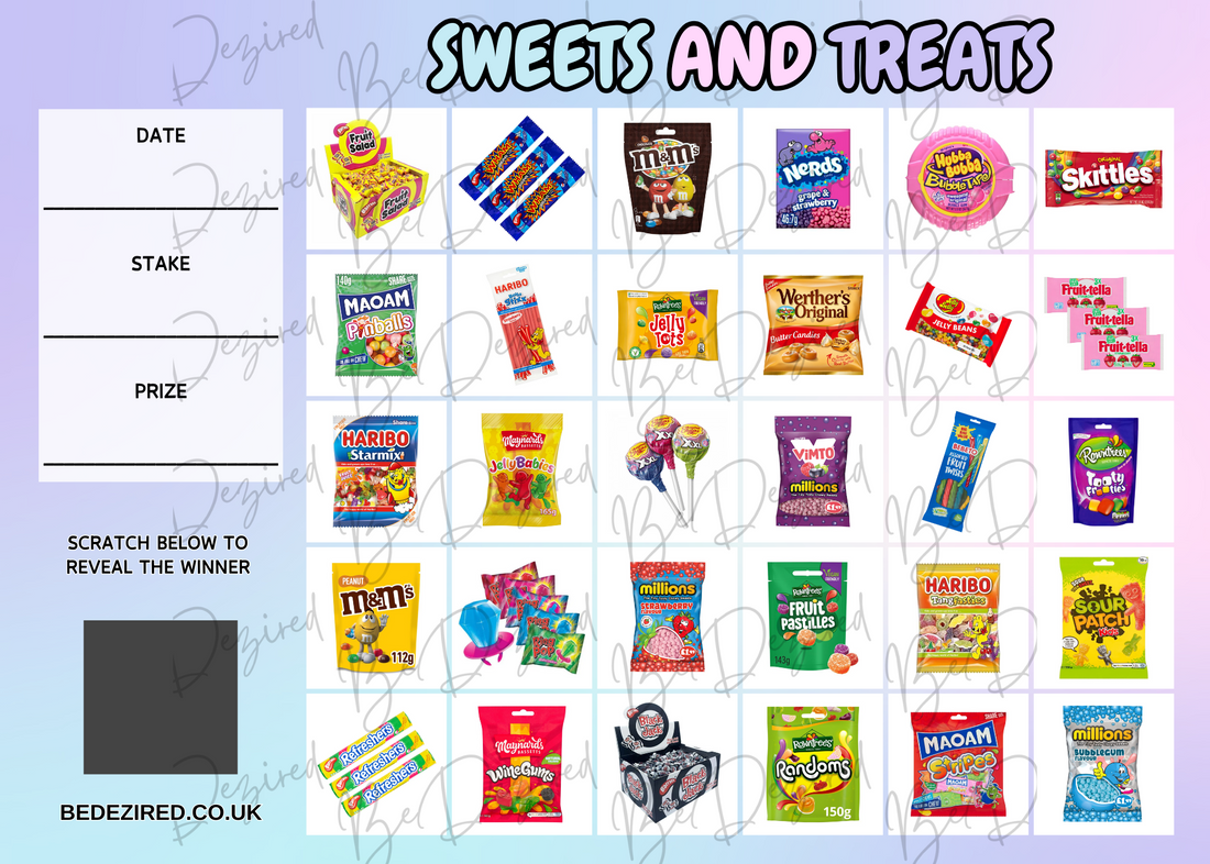 UK Sweets & Treats Scratch Card | BeDezired Fundraising Raffle Ticket Game